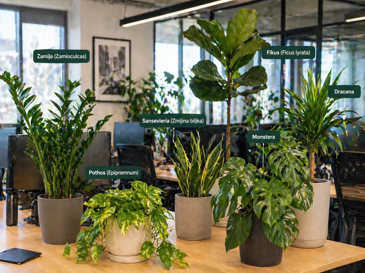 The most popular office plants labeled (ZZ plant, pothos, sansevieria, monstera, fiddle leaf fig, and dracaena)