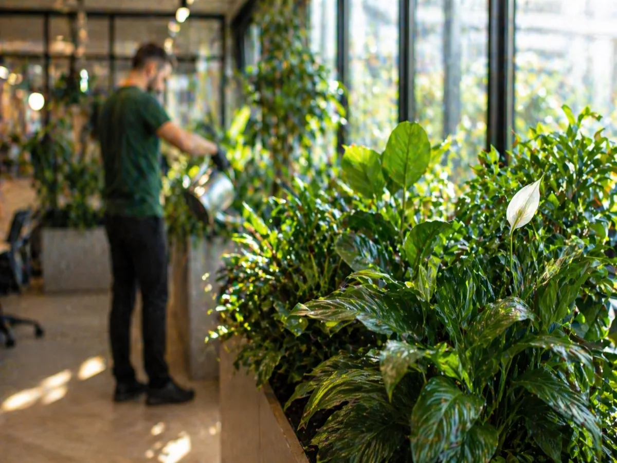 A man watering plants in an office space (monthly plant maintenance for the workplace)