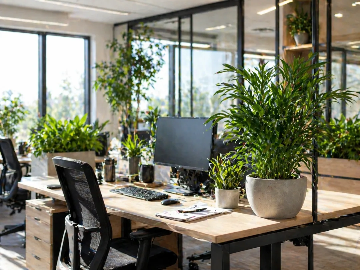 A modern office with desks and plants by the large windows