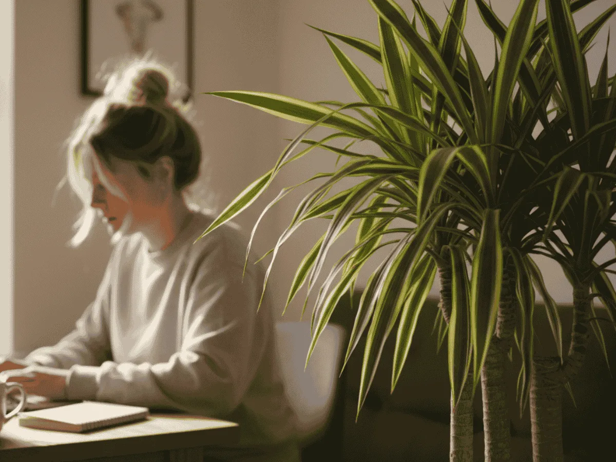 Tall dracaena in a living room next to a desk where someone is working on a laptop