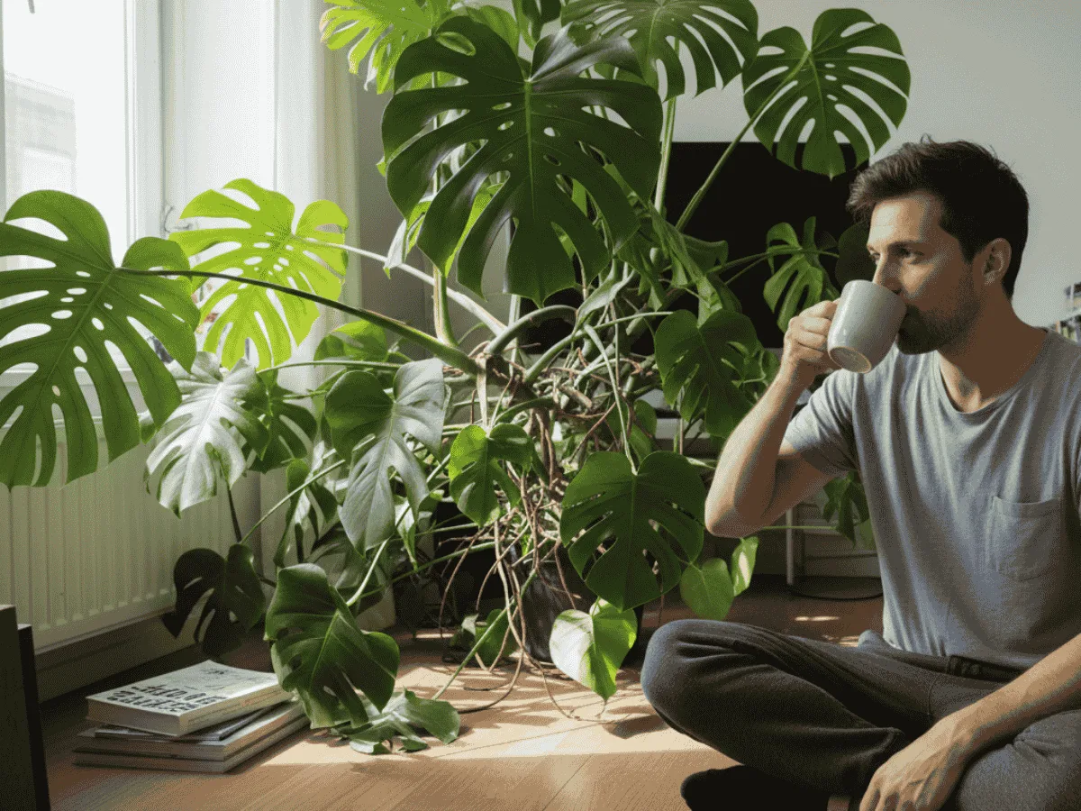 Lush monstera in a living room with a person drinking coffee in the background