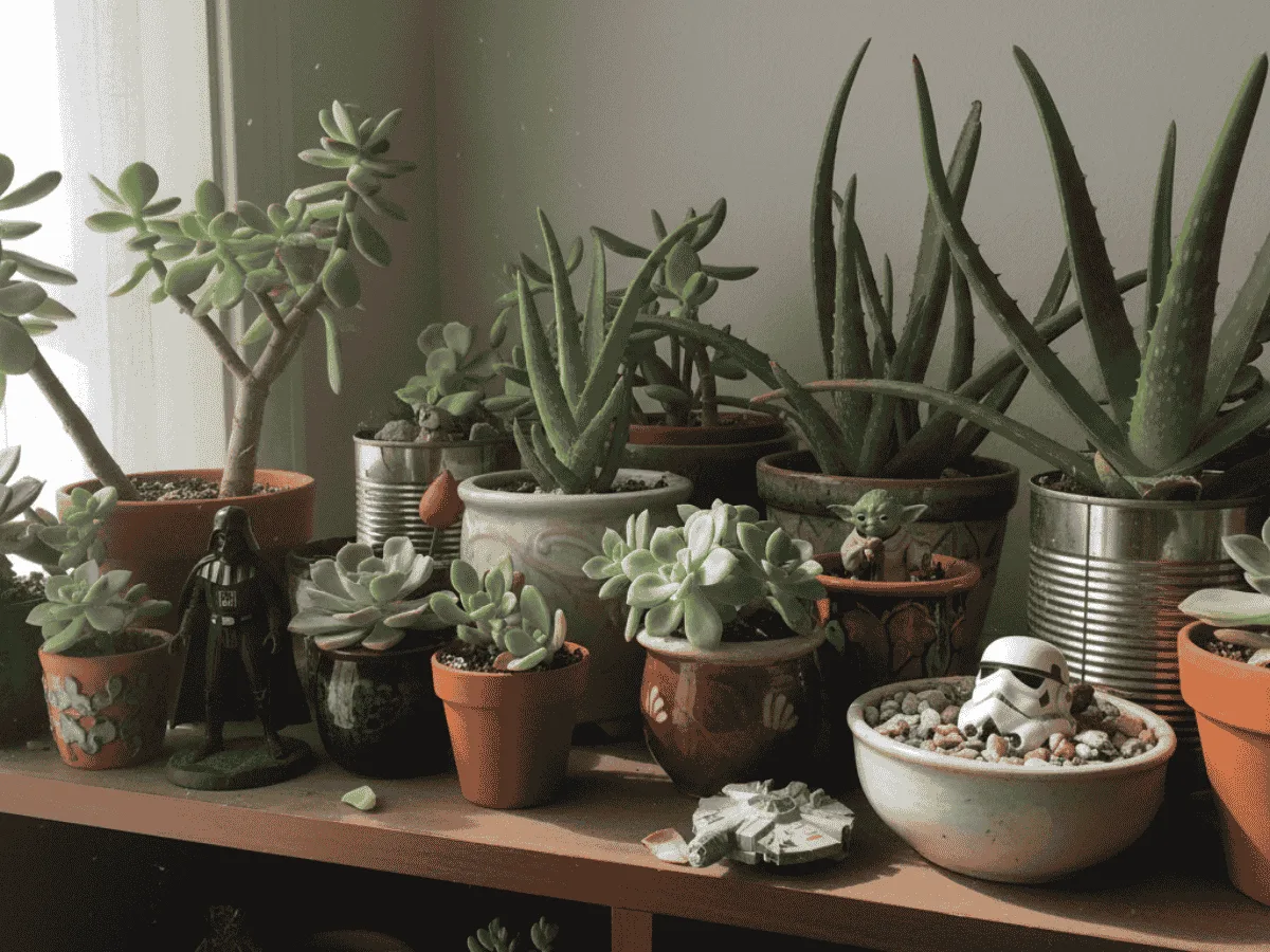 A collection of succulents and aloe in different pots arranged on a shelf