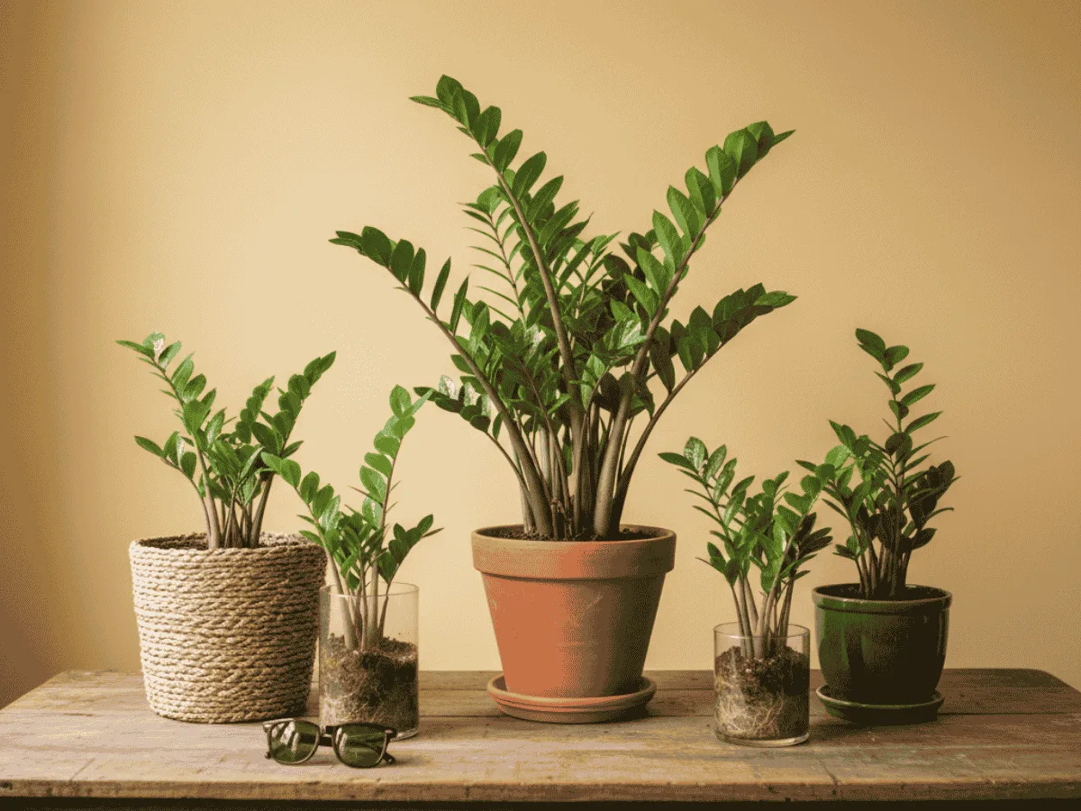 Three ZZ plants in pots of different sizes lined up on a wooden table