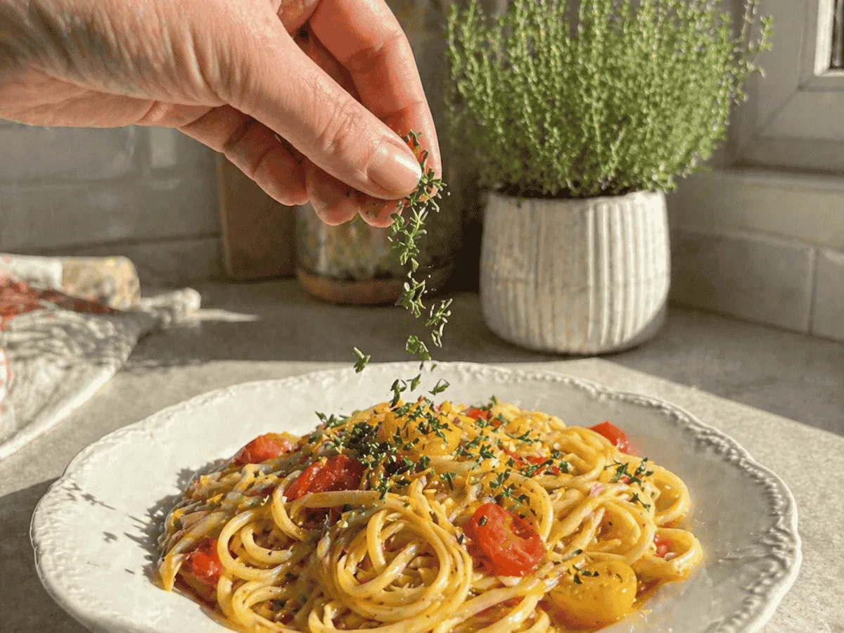 Wild thyme being added to pasta, fresh plant in a pot in the background