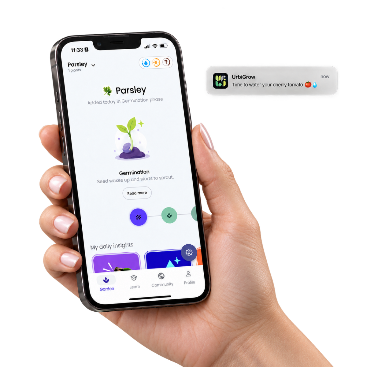UrbiGrow app showing personalised plant care and a watering notification